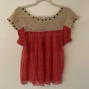 Cream Crochet and red sheer top